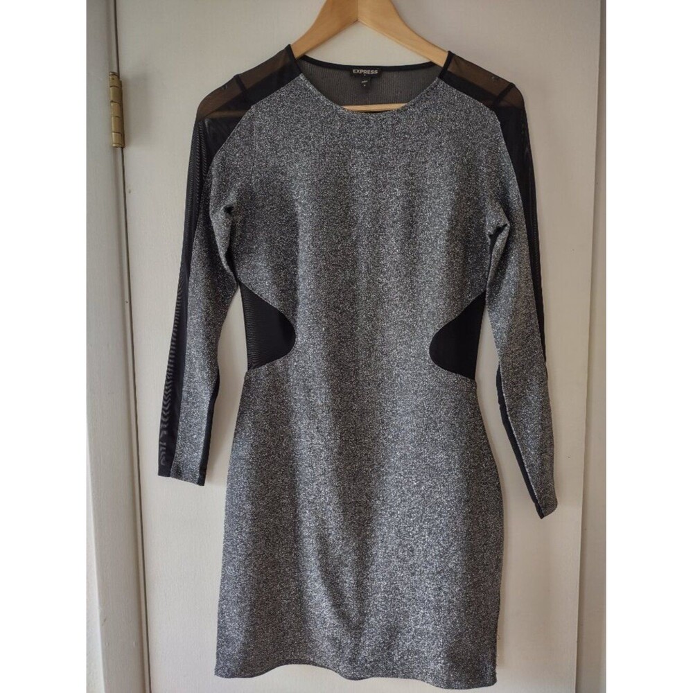 Express Black Mesh & Silver Glitter Bodycon Dress Size 8